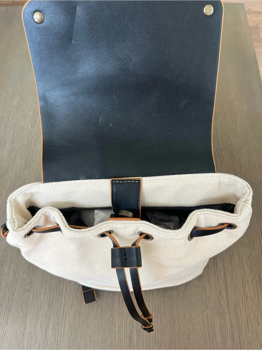 Treasure & Bond Canvas Backpack with Black Leather Flap and Tan Trim